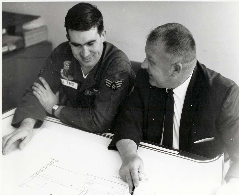 Edward "Beetle" Bailey and Jack Coniff (Martin Tech Rep) (photo courtesy of Edward "Beetle" Bailey) "Beetle" Bailey and Jack Coniff designing the electronic circuitry.