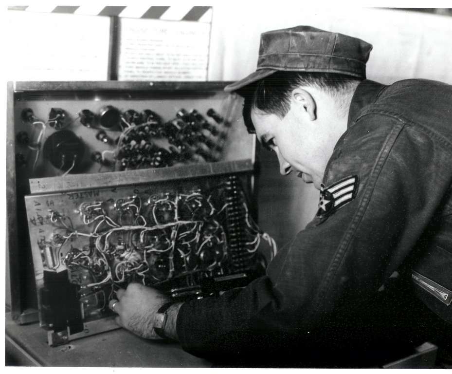 "Beetle" Bailey (photo courtesy of Edward "Beetle" Bailey) "Beetle" Bailey soldering components.